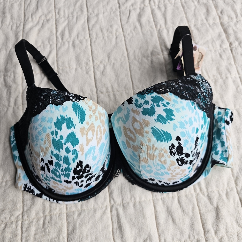 Cacique Teal Blue Cheetah Print Boost Plunge Bra
